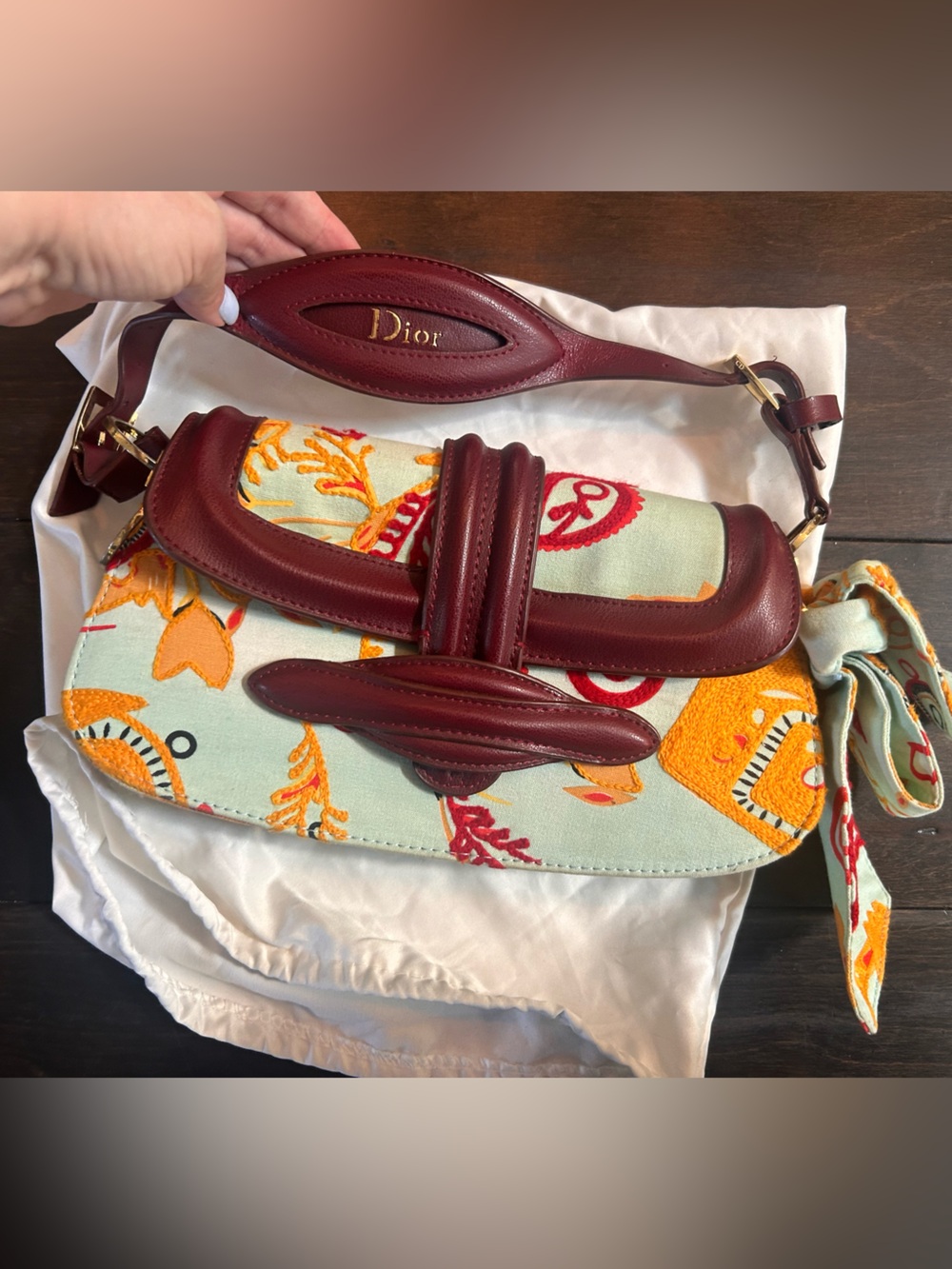 Dior Vintage Burgundy Leather & Floral Canvas Shoulder Bag